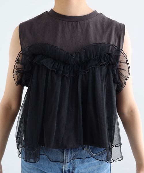 セール】ビスチェ風チュールドッキングノースリーブトップス（Tシャツ