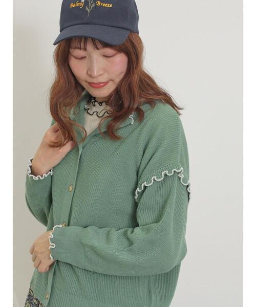 Samansa Mos2(サマンサ モスモス)の「配色メロー畦編みニットカーディガン(カーディガン/ボレロ・レディース・グリーン/ブラック/キナリ/イエロー・F)」の1枚目の写真