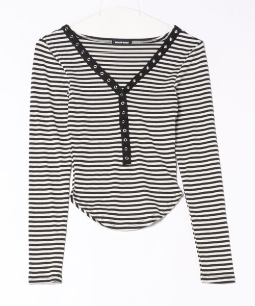 Never mind the XU / Chikashitsu+(ネバーマインド ザ エックスユー / チカシツプラス)の「【nmtc+】v neck border long sleeve T / 【エヌエムティーシープラス】ブイネックボーダー長袖Tシャツ(Tシャツ/カットソー・レディース・ホワイト×ブラック/チャコールグレー×ブラック・ONE SIZE)」の15枚目の写真