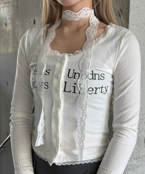 Lae(レイ)の「レースストラップロゴトップス(Tシャツ/カットソー・レディース・ホワイト/ブラック・SMALL/MEDIUM/LARGE)」の1枚目の写真