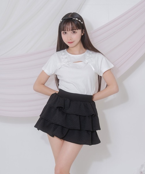 Honey Cinnamon(ハニーシナモン)の「デコルテ空きレースアップミニT(Tシャツ/カットソー・レディース・ピンク/ホワイト・FREE)」の2枚目の写真
