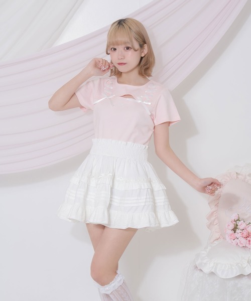 Honey Cinnamon(ハニーシナモン)の「デコルテ空きレースアップミニT(Tシャツ/カットソー・レディース・ピンク/ホワイト・FREE)」の1枚目の写真