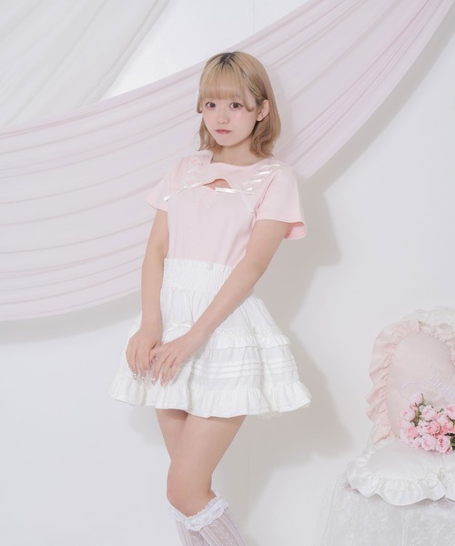 Honey Cinnamon(ハニーシナモン)の「デコルテ空きレースアップミニT(Tシャツ/カットソー・レディース・ピンク/ホワイト・FREE)」の4枚目の写真