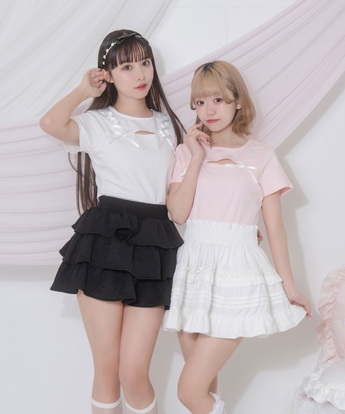 Honey Cinnamon(ハニーシナモン)の「デコルテ空きレースアップミニT(Tシャツ/カットソー・レディース・ピンク/ホワイト・FREE)」の3枚目の写真