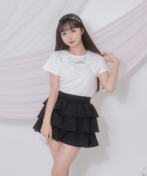Honey Cinnamon(ハニーシナモン)の「デコルテ空きレースアップミニT(Tシャツ/カットソー・レディース・ピンク/ホワイト・FREE)」の7枚目の写真