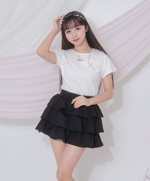 Honey Cinnamon(ハニーシナモン)の「デコルテ空きレースアップミニT(Tシャツ/カットソー・レディース・ピンク/ホワイト・FREE)」の8枚目の写真