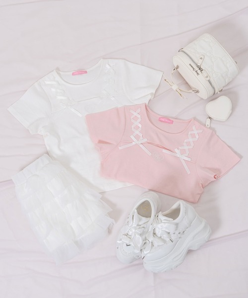 Honey Cinnamon(ハニーシナモン)の「デコルテ空きレースアップミニT(Tシャツ/カットソー・レディース・ピンク/ホワイト・FREE)」の11枚目の写真