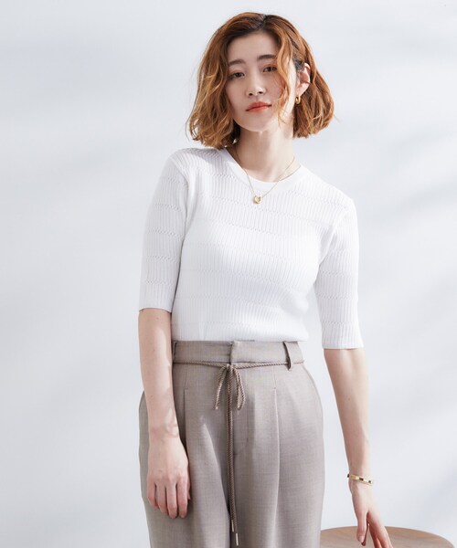 grove（グローブ）の「地柄ボーダーリブニットプルオーバー（ニット/セーター・レディース・ブルー系その他/オフホワイト/ホワイト系5・02/01/03/04/05）」の2枚目の写真