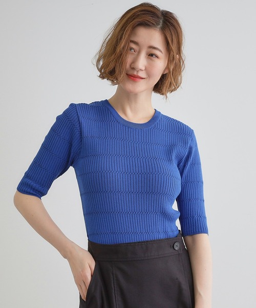 grove（グローブ）の「地柄ボーダーリブニットプルオーバー（ニット/セーター・レディース・ブルー系その他/オフホワイト/ホワイト系5・02/01/03/04/05）」の3枚目の写真