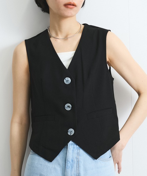 VICKY(ビッキー)の「リネンライクジレ≪セットアップ対応/手洗い可能≫(ベスト・レディース・ブラック/ベージュ・M)」の4枚目の写真
