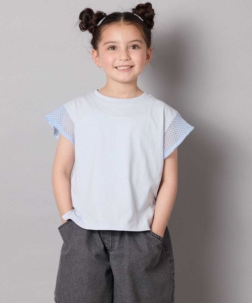 a.v.v（アーヴェヴェ）の「【接触冷感/毛玉になりにくい/綿100％】[100-160]シアーギンガムフレアスリーブＴシャツ（Tシャツ/カットソー・キッズ・ミント/ライトブルー/ブラック/ライラック・110/100/130/120/150/140/160）」の3枚目の写真