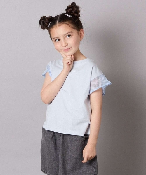 a.v.v（アーヴェヴェ）の「【接触冷感/毛玉になりにくい/綿100％】[100-160]シアーギンガムフレアスリーブＴシャツ（Tシャツ/カットソー・キッズ・ミント/ライトブルー/ブラック/ライラック・110/100/130/120/150/140/160）」の17枚目の写真