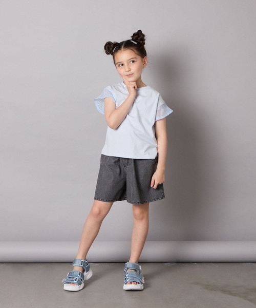 a.v.v（アーヴェヴェ）の「【接触冷感/毛玉になりにくい/綿100％】[100-160]シアーギンガムフレアスリーブＴシャツ（Tシャツ/カットソー・キッズ・ミント/ライトブルー/ブラック/ライラック・110/100/130/120/150/140/160）」の18枚目の写真