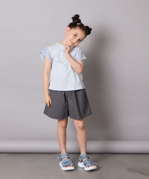 a.v.v（アーヴェヴェ）の「【接触冷感/毛玉になりにくい/綿100％】[100-160]シアーギンガムフレアスリーブＴシャツ（Tシャツ/カットソー・キッズ・ミント/ライトブルー/ブラック/ライラック・110/100/130/120/150/140/160）」の19枚目の写真