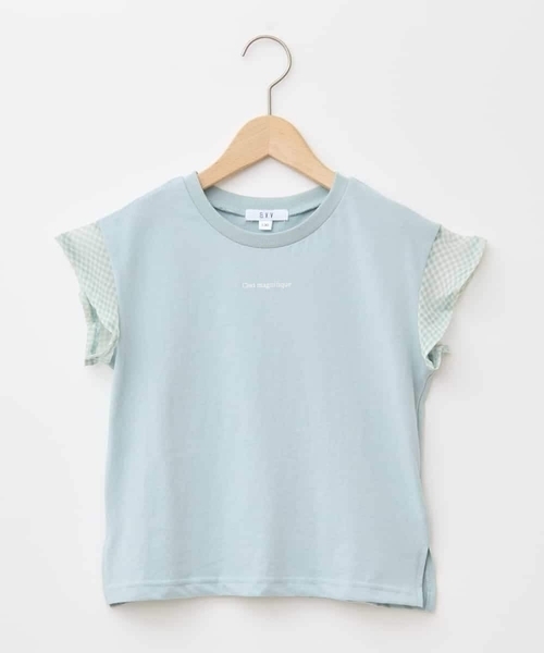 a.v.v（アーヴェヴェ）の「【接触冷感/毛玉になりにくい/綿100％】[100-160]シアーギンガムフレアスリーブＴシャツ（Tシャツ/カットソー・キッズ・ミント/ライトブルー/ブラック/ライラック・110/100/130/120/150/140/160）」の5枚目の写真