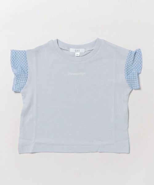a.v.v（アーヴェヴェ）の「【接触冷感/毛玉になりにくい/綿100％】[100-160]シアーギンガムフレアスリーブＴシャツ（Tシャツ/カットソー・キッズ・ミント/ライトブルー/ブラック/ライラック・110/100/130/120/150/140/160）」の6枚目の写真