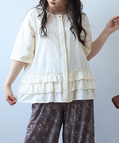 ブラウス シャツ 「L〜5L 大きいサイズ」コットンドビーストライプフリルヘムブラウス 7分袖 春夏 レディース L～5L 大きいサイズ】コットンドビーストライプフリルヘム