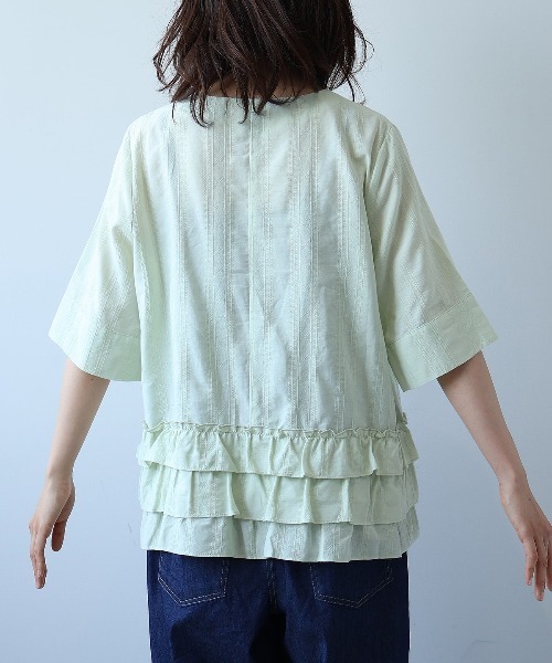 【leswel】【Ｌ〜５Ｌ】コットンドビーストライプフリルヘムブラウス L～5L 大きいサイズ】コットンドビーストライプフリルヘム