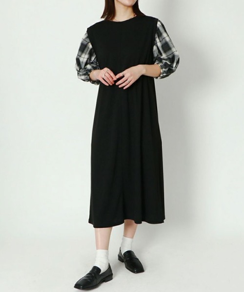 GORGE(ゴージ)の「《異素材×ふんわり袖》レディース ドッキングワンピース 7分袖 ミディ丈 春秋冬(ワンピース・レディース・ブラウン/ブラック×ホワイト/その他5/ブラック・F)」の1枚目の写真
