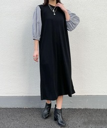 《異素材×ふんわり袖》レディース ドッキングワンピース 7分袖 ミディ丈 春秋冬