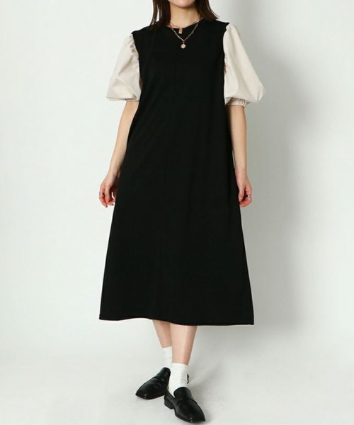 GORGE(ゴージ)の「《異素材×ふんわり袖》レディース ドッキングワンピース 7分袖 ミディ丈 春秋冬(ワンピース・レディース・ブラウン/ブラック×ホワイト/その他5/ブラック・F)」の9枚目の写真