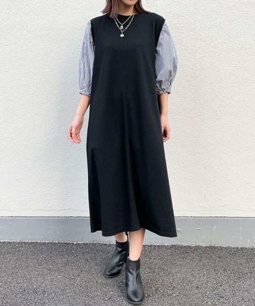 GORGE(ゴージ)の「《異素材×ふんわり袖》レディース ドッキングワンピース 7分袖 ミディ丈 春秋冬(ワンピース・レディース・ブラウン/ブラック×ホワイト/その他5/ブラック・F)」の17枚目の写真