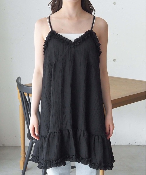 tiptop(ティップトップ)の「シアーフリル使いキャミチュニック(ワンピース・レディース・ブラック/オフホワイト・FREE)」の4枚目の写真