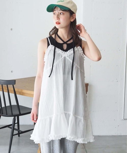 tiptop(ティップトップ)の「シアーフリル使いキャミチュニック(ワンピース・レディース・ブラック/オフホワイト・FREE)」の3枚目の写真