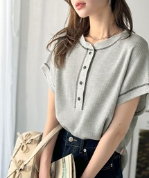 Deuxieme Classe ヘンリーネックカットソー　ワッフル　ホワイト ワッフル調ヘンリーネック長袖Tシャツ ：Tシャツ カットソー