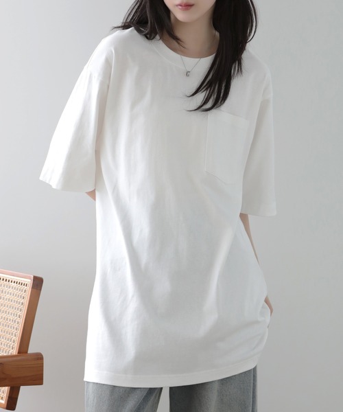 SUNFLOWER EIGHT(サンフラワーエイト)の「ルーズフィットポケットTシャツ(Tシャツ/カットソー・レディース・チャコール/グレー/ブラック/ホワイト・S/L/M)」の1枚目の写真