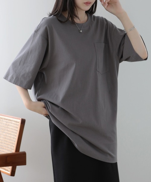 SUNFLOWER EIGHT(サンフラワーエイト)の「ルーズフィットポケットTシャツ(Tシャツ/カットソー・レディース・チャコール/グレー/ブラック/ホワイト・S/L/M)」の4枚目の写真