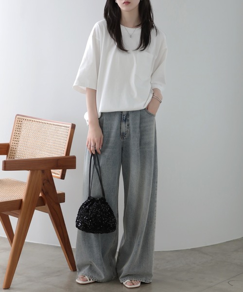 SUNFLOWER EIGHT(サンフラワーエイト)の「ルーズフィットポケットTシャツ(Tシャツ/カットソー・レディース・チャコール/グレー/ブラック/ホワイト・S/L/M)」の16枚目の写真