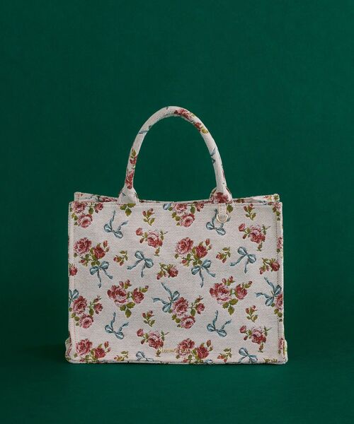 【中古】Maison de FLEUR リボン柄ゴブランスクエアトートMバッグ メゾン ド フルール Maison de FLEUR リボン柄ゴブランスクエア