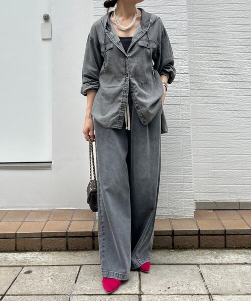 DouDou(ドゥドゥ)の「シアーデニムフーディーシャツ(シャツ/ブラウス・レディース・ブラック/ブルー・FREE)」の3枚目の写真