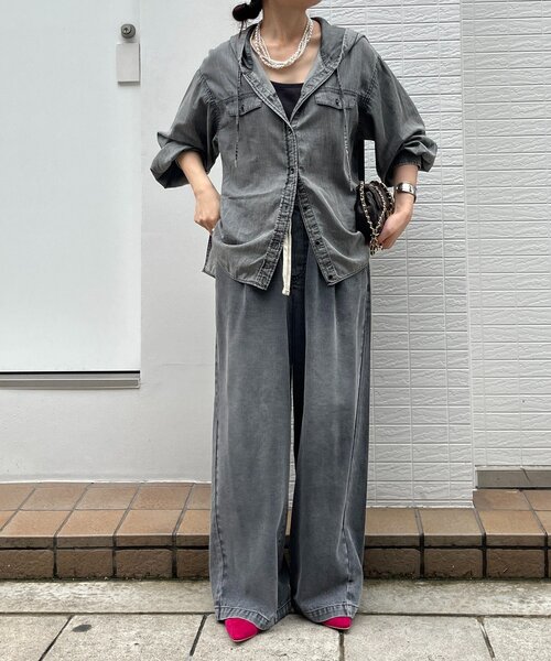 DouDou(ドゥドゥ)の「シアーデニムフーディーシャツ(シャツ/ブラウス・レディース・ブラック/ブルー・FREE)」の5枚目の写真