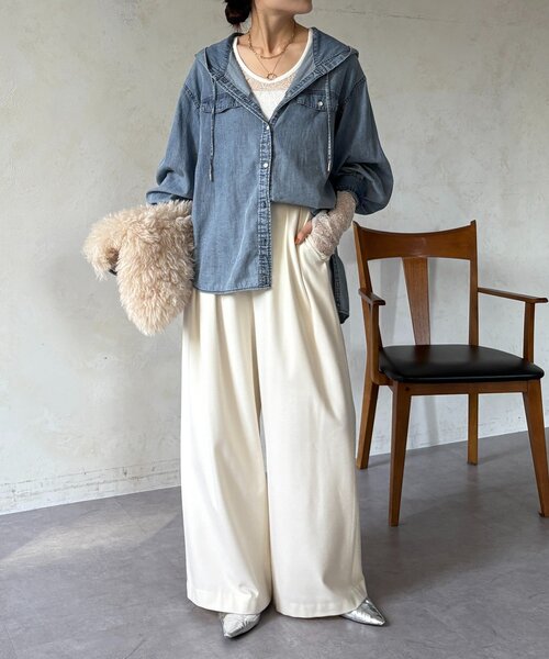 DouDou(ドゥドゥ)の「シアーデニムフーディーシャツ(シャツ/ブラウス・レディース・ブラック/ブルー・FREE)」の16枚目の写真