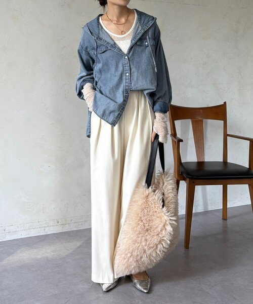 DouDou(ドゥドゥ)の「シアーデニムフーディーシャツ(シャツ/ブラウス・レディース・ブラック/ブルー・FREE)」の18枚目の写真