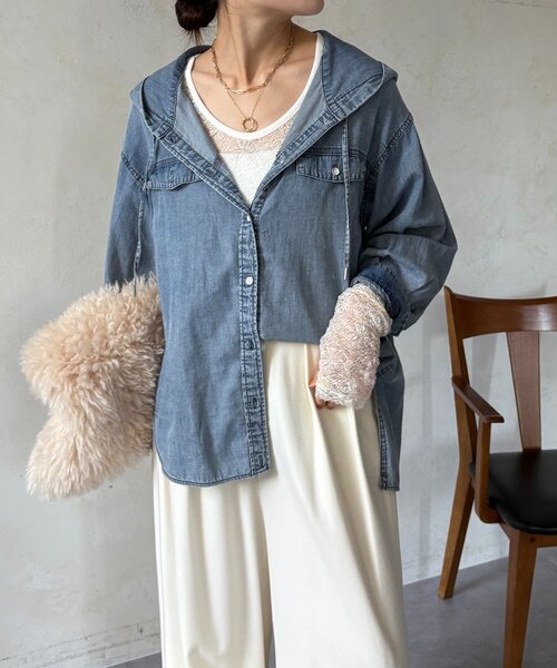 DouDou(ドゥドゥ)の「シアーデニムフーディーシャツ(シャツ/ブラウス・レディース・ブラック/ブルー・FREE)」の21枚目の写真