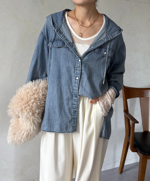 DouDou(ドゥドゥ)の「シアーデニムフーディーシャツ(シャツ/ブラウス・レディース・ブラック/ブルー・FREE)」の22枚目の写真