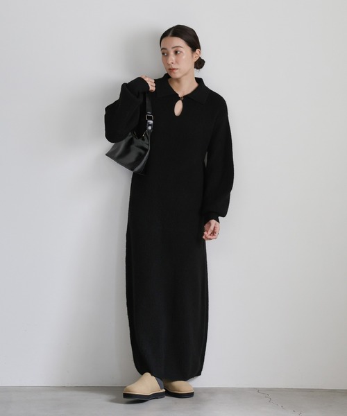 select MOCA（セレクトモカ）の「ポロカラーニットワンピース（ワンピース・レディース・ブラック/ブラウン/グレー・MEDIUM/LARGE）」の2枚目の写真