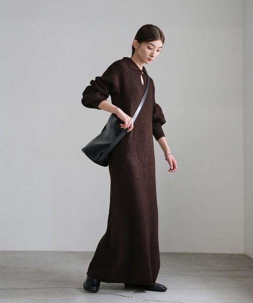 select MOCA（セレクトモカ）の「ポロカラーニットワンピース（ワンピース・レディース・ブラック/ブラウン/グレー・MEDIUM/LARGE）」の9枚目の写真