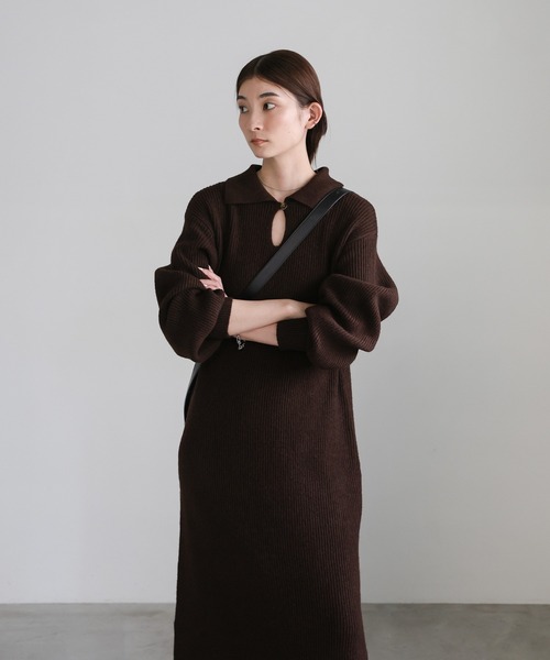 select MOCA（セレクトモカ）の「ポロカラーニットワンピース（ワンピース・レディース・ブラック/ブラウン/グレー・MEDIUM/LARGE）」の13枚目の写真