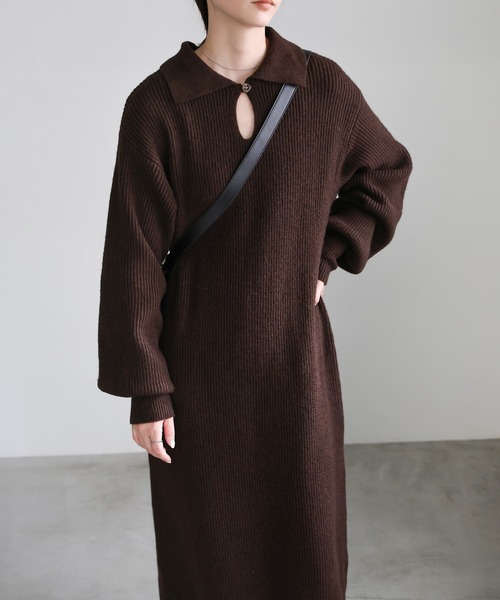 select MOCA（セレクトモカ）の「ポロカラーニットワンピース（ワンピース・レディース・ブラック/ブラウン/グレー・MEDIUM/LARGE）」の8枚目の写真