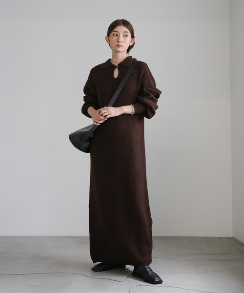 select MOCA（セレクトモカ）の「ポロカラーニットワンピース（ワンピース・レディース・ブラック/ブラウン/グレー・MEDIUM/LARGE）」の7枚目の写真