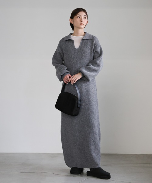 select MOCA（セレクトモカ）の「ポロカラーニットワンピース（ワンピース・レディース・ブラック/ブラウン/グレー・MEDIUM/LARGE）」の5枚目の写真