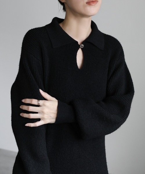 select MOCA（セレクトモカ）の「ポロカラーニットワンピース（ワンピース・レディース・ブラック/ブラウン/グレー・MEDIUM/LARGE）」の6枚目の写真