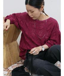 花ジャガード7分袖プルオーバー