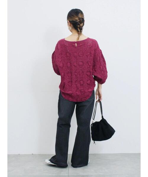 Samansa Mos2 blue（サマンサモスモスブルー）の「花ジャガード7分袖プルオーバー（Tシャツ/カットソー・レディース・オフホワイト/ブラック/プラム・F）」の7枚目の写真