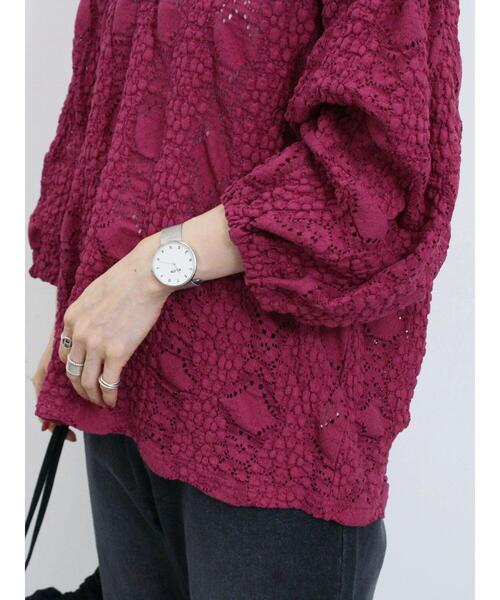 Samansa Mos2 blue（サマンサモスモスブルー）の「花ジャガード7分袖プルオーバー（Tシャツ/カットソー・レディース・オフホワイト/ブラック/プラム・F）」の4枚目の写真