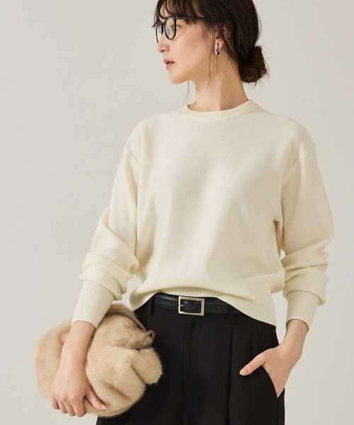 qualite（カリテ）の「【スウェット気分で着られる】スパンコールニット/秋服/冬服（ニット/セーター・レディース・ブラック/オフホワイト/グリーン・フリー）」の2枚目の写真